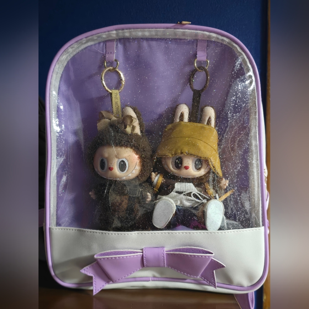 Purple and White Bow Design Clear Glitter Pocket Backpack